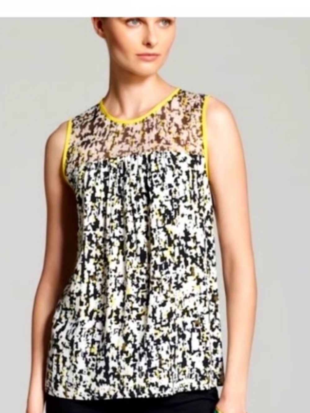 kate spade 100% silk Black, White & Yellow Printed Mesh Yoke Tank